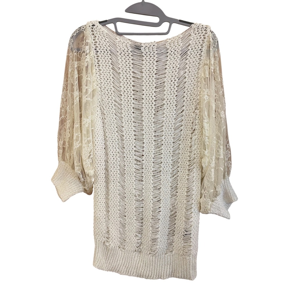 Sioni Sweater Cream Ladder Knit Lace Balloon Sleeve Boho Semi Sheer Romantic M - Picture 2 of 12